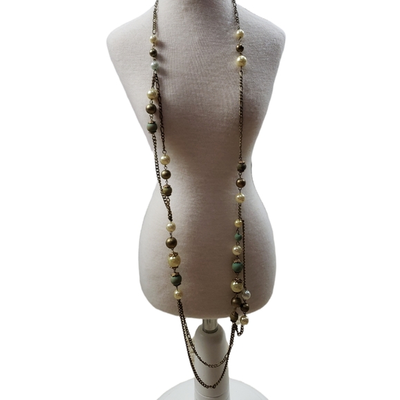Vintage Yousi Gold Toned Green Gold Cream Long Strand Link Necklace Set - Picture 1 of 5